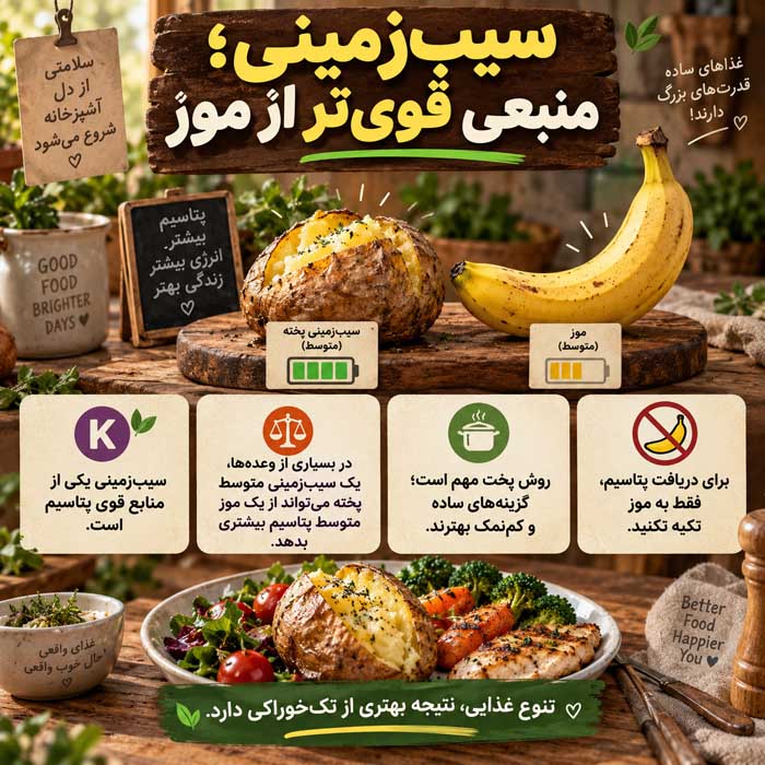 چه غذاهایی پتاسیم زیادی دارند؟؛ بهترین منابع غذایی؛ مقدار پتاسیم در هر وعده سیبزمینی؛ منبعی قویتر از موز