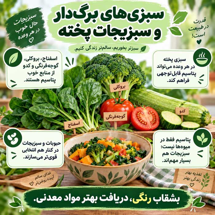 چه غذاهایی پتاسیم زیادی دارند؟؛ بهترین منابع غذایی؛ مقدار پتاسیم در هر وعده سبزیهای برگدار و سبزیجات پخته