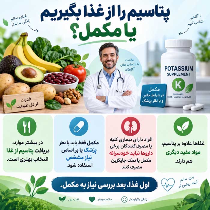 چه غذاهایی پتاسیم زیادی دارند؟؛ بهترین منابع غذایی؛ مقدار پتاسیم در هر وعده پتاسیم را از غذا بگیریم یا مکمل؟
