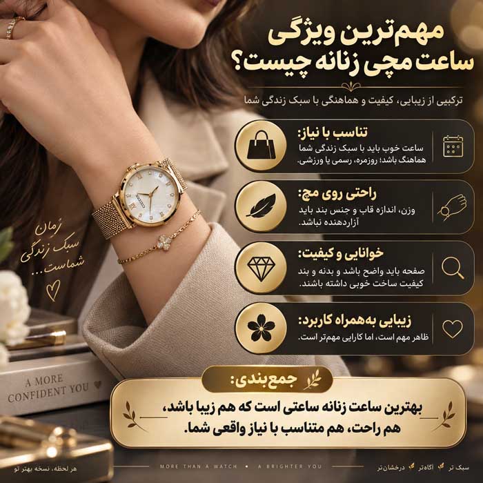ویژگی های ساعت مچی زنانه؛ راهنمای انتخاب اندازه، موتور، شیشه، بند و مقاومت در برابر آب مهمترین ویژگی ساعت مچی زنانه چیست؟