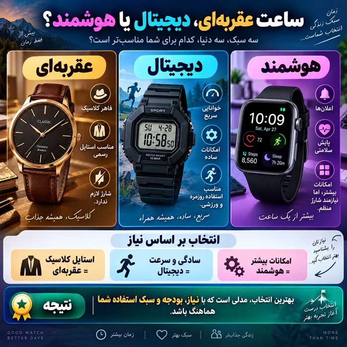 ویژگی های ساعت مچی زنانه؛ راهنمای انتخاب اندازه، موتور، شیشه، بند و مقاومت در برابر آب ساعت عقربهای، دیجیتال یا هوشمند؟