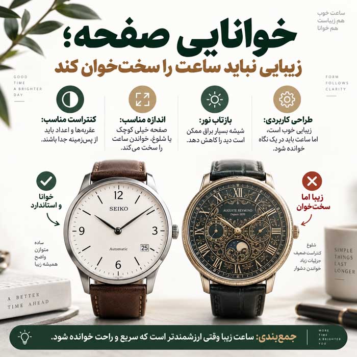ویژگی های ساعت مچی زنانه؛ راهنمای انتخاب اندازه، موتور، شیشه، بند و مقاومت در برابر آب خوانایی صفحه؛ زیبایی نباید ساعت را سختخوان کند