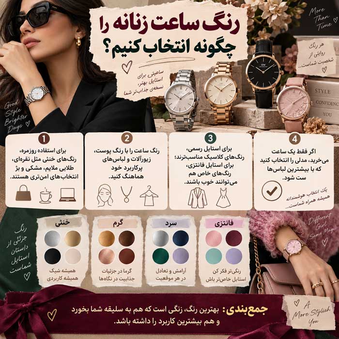 ویژگی های ساعت مچی زنانه؛ راهنمای انتخاب اندازه، موتور، شیشه، بند و مقاومت در برابر آب رنگ ساعت زنانه را چگونه انتخاب کنیم؟