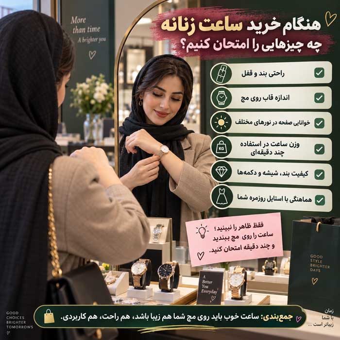 ویژگی های ساعت مچی زنانه؛ راهنمای انتخاب اندازه، موتور، شیشه، بند و مقاومت در برابر آب هنگام خرید ساعت زنانه چه چیزهایی را امتحان کنیم؟