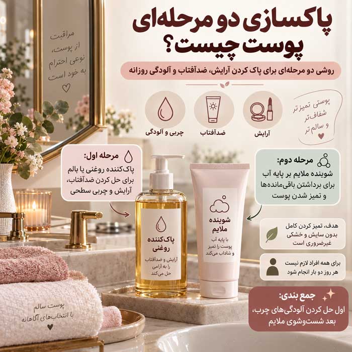 پاکسازی دو مرحله ای چیست؟؛ آموزش Double Cleansing؛ چه پوستهایی به آن نیاز دارند؟ پاکسازی دو مرحلهای پوست چیست؟