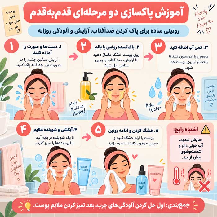 پاکسازی دو مرحله ای چیست؟؛ آموزش Double Cleansing؛ چه پوستهایی به آن نیاز دارند؟ آموزش پاکسازی دو مرحلهای قدمبهقدم