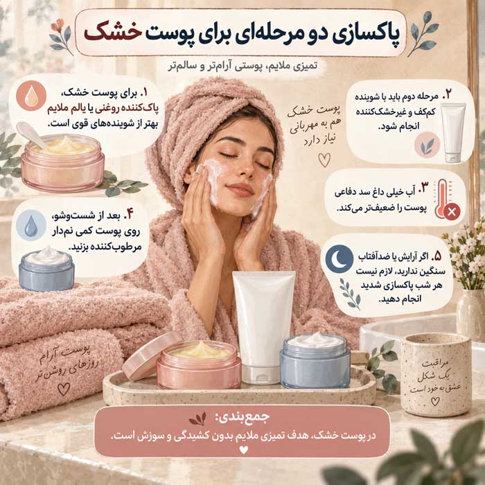 پاکسازی دو مرحله ای چیست؟؛ آموزش Double Cleansing؛ چه پوستهایی به آن نیاز دارند؟ پاکسازی دو مرحلهای برای پوست خشک