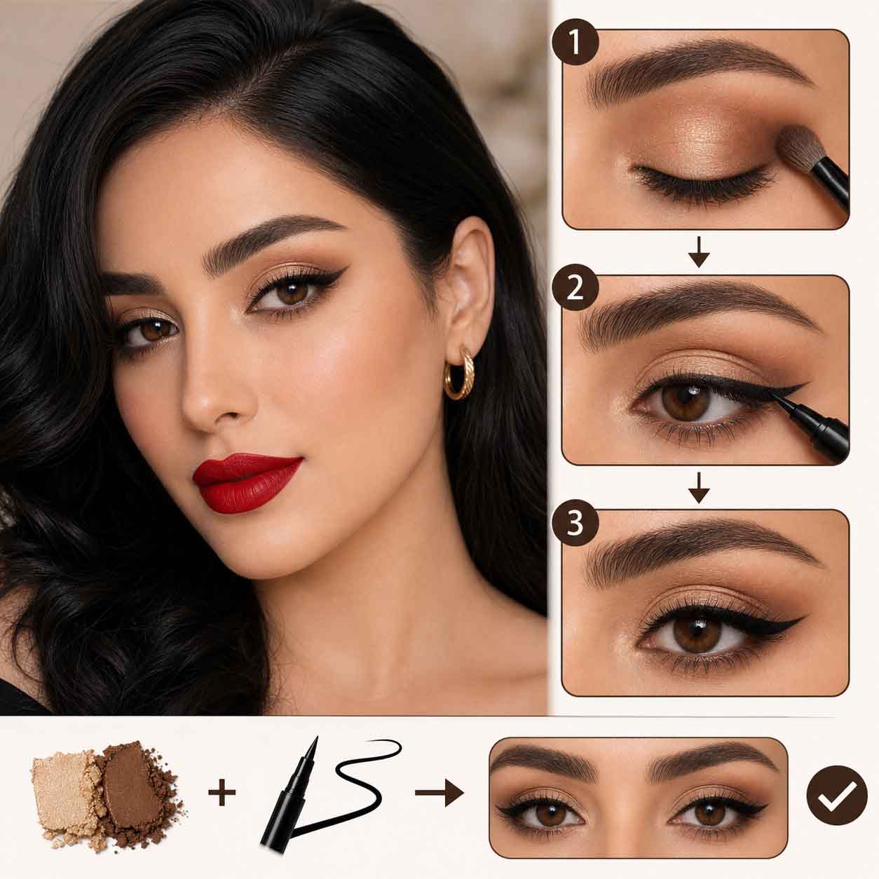 راهنمای کامل میکاپ عروس با رژ قرمز و موی مشکی برای جشنی خاطره انگیز و ماندگار سایه چشم ملایم با خط چشم کلاسیک
