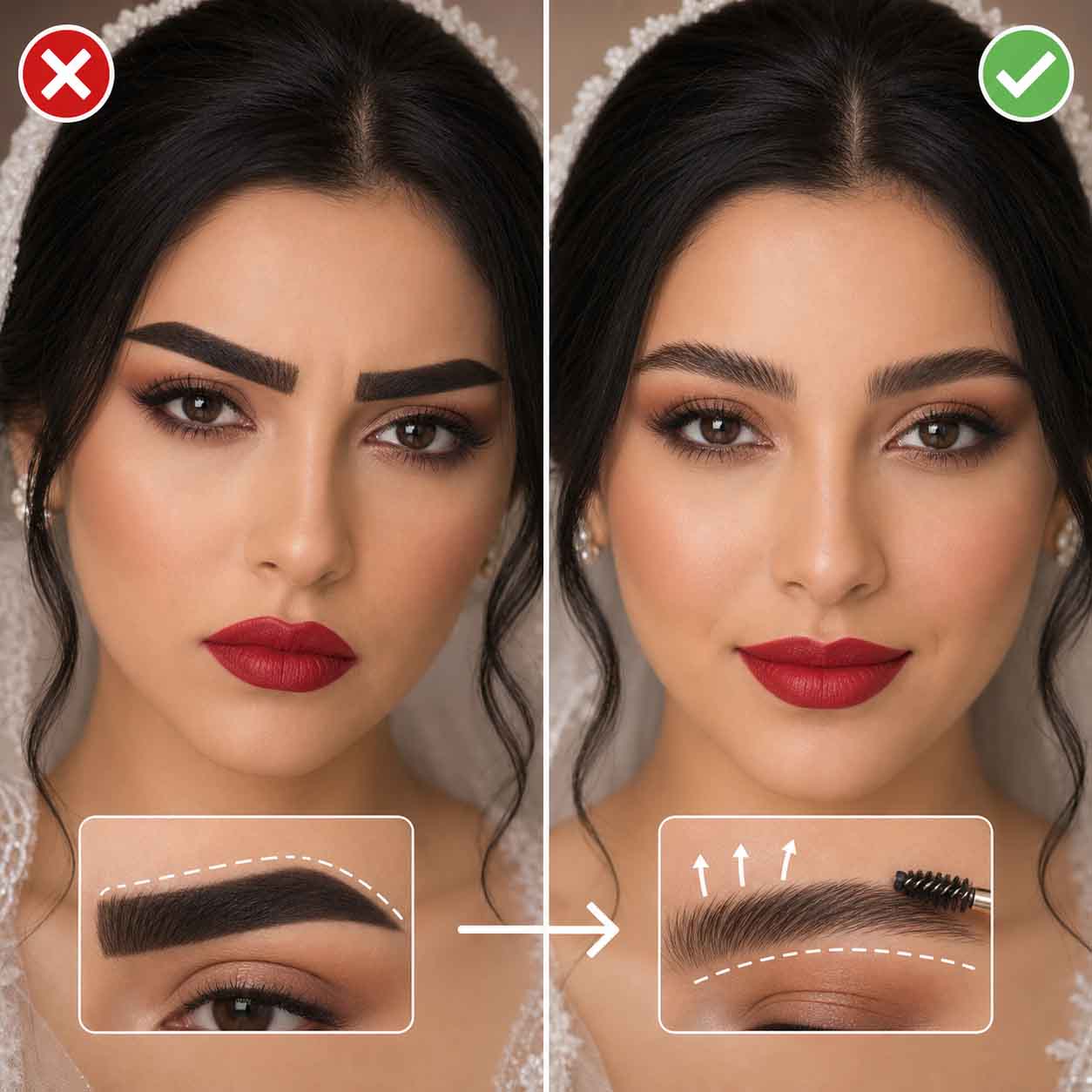 راهنمای کامل میکاپ عروس با رژ قرمز و موی مشکی برای جشنی خاطره انگیز و ماندگار فرم طبیعی و متعادل ابروها