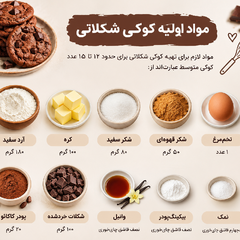 طرز تهیه کوکی شکلاتی ؛ آموزش مرحله به مرحله با نکات طلایی پخت مواد لازم برای تهیه کوکی شکلاتی