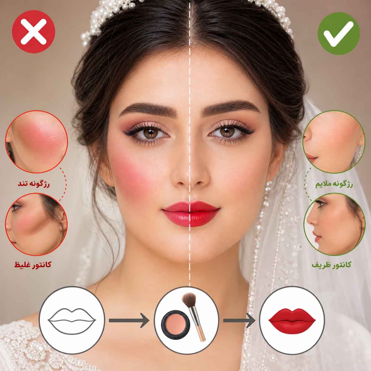 راهنمای کامل میکاپ عروس با رژ قرمز و موی مشکی برای جشنی خاطره انگیز و ماندگار رژگونه لایت و کانتورینگ ظریف