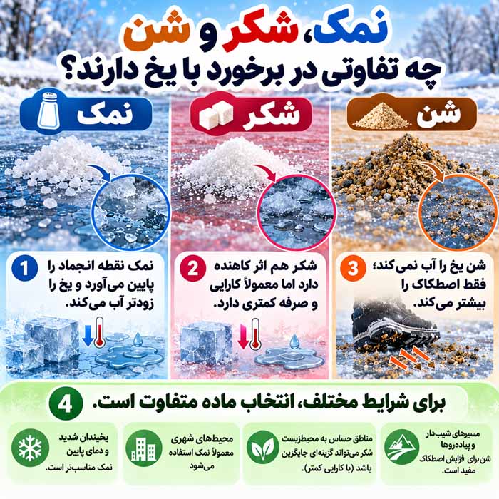 نمک، شکر و شن چه تفاوتی در برخورد با یخ دارند؟