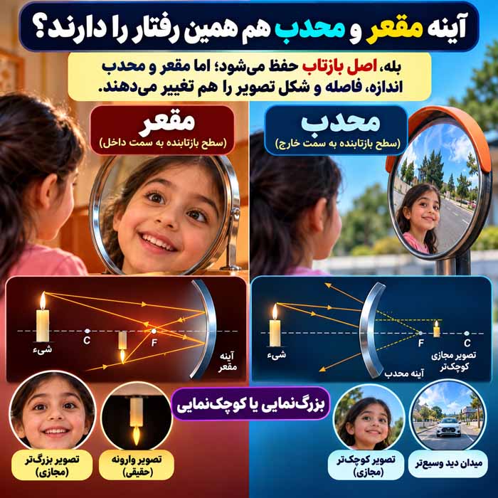 آینه مقعر و محدب هم همین رفتار را دارند؟