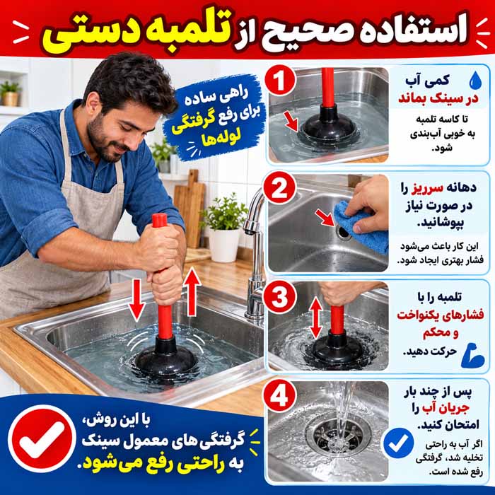 رفع گرفتگی سینک ظرفشویی؛ روشهای خانگی ایمن؛ باز کردن لوله بدون اسید قوی مرحله سوم: استفاده صحیح از تلمبه دستی