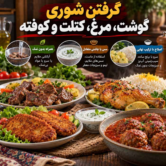 غذای شور را چگونه نجات دهیم؟؛ روش گرفتن شوری انواع غذا؛ از خورش و سوپ تا برنج و ماکارونی گرفتن شوری گوشت، مرغ، کتلت و کوفته