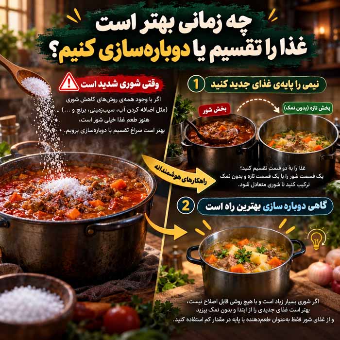 غذای شور را چگونه نجات دهیم؟؛ روش گرفتن شوری انواع غذا؛ از خورش و سوپ تا برنج و ماکارونی چه زمانی بهتر است غذا را تقسیم یا دوبارهسازی کنیم؟