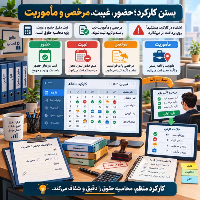 اصول پرداخت حقوق و دستمزد کارکنان؛ از محاسبه کارکرد و مزایا تا کسورات و واریز حقوق بستن کارکرد؛ حضور، غیبت، مرخصی و مأموریت