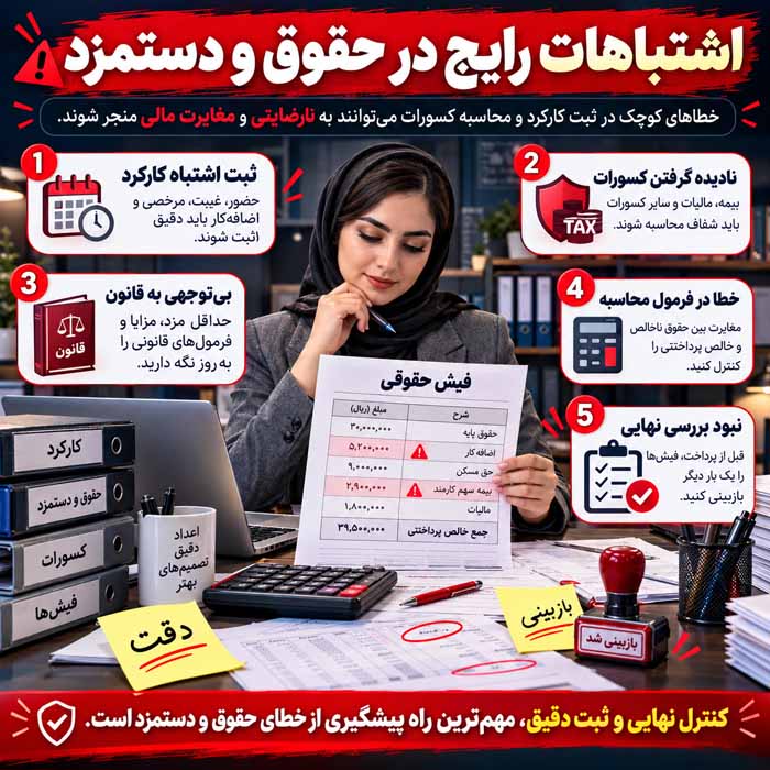 اصول پرداخت حقوق و دستمزد کارکنان؛ از محاسبه کارکرد و مزایا تا کسورات و واریز حقوق اشتباهات رایج در حقوق و دستمزد