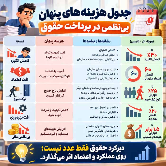 جدول هزینه‌های پنهان بی‌نظمی در پرداخت حقوق