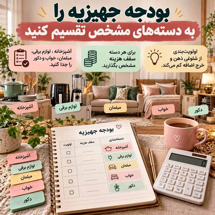 چگونه برای خرید جهیزیه بودجهبندی کنیم؟؛ اولویتبندی وسایل ضروری؛ راههای کاهش هزینه بدون خرید اضافی بودجه جهیزیه را به دستههای مشخص تقسیم کنید