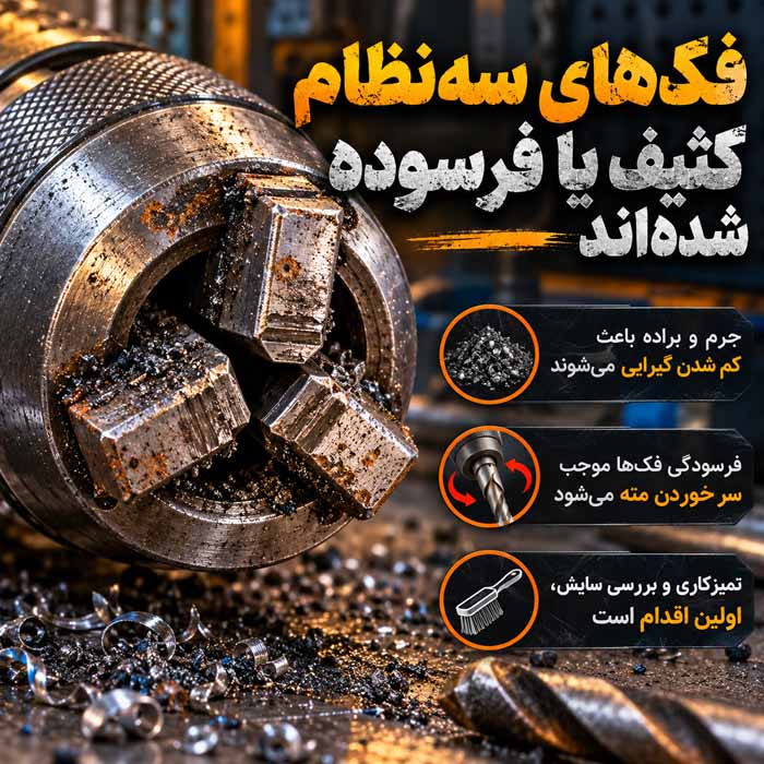 چرا مته داخل دریل میچرخد یا لیز میخورد؟؛ علتهای رایج سهنظام؛ روش محکم کردن صحیح مته فکهای سهنظام کثیف یا فرسوده شدهاند