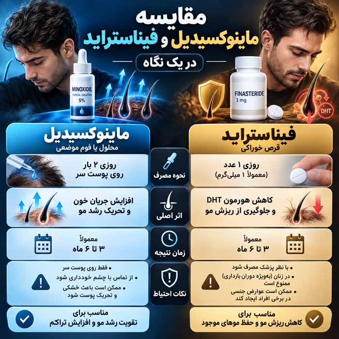 ماینوکسیدیل یا فیناستراید؛ کدام برای ریزش مو مؤثرتر است؟؛ مقایسه عملکرد، نتایج و عوارض مقایسه ماینوکسیدیل و فیناستراید در یک نگاه