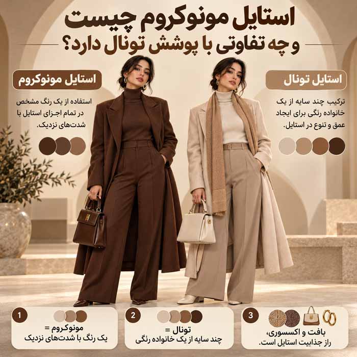 استایل مونوکروم پاییزی چیست؟ آموزش ست کردن قهوهای، کرم و زرشکی استایل مونوکروم چیست و چه تفاوتی با پوشش تونال دارد؟