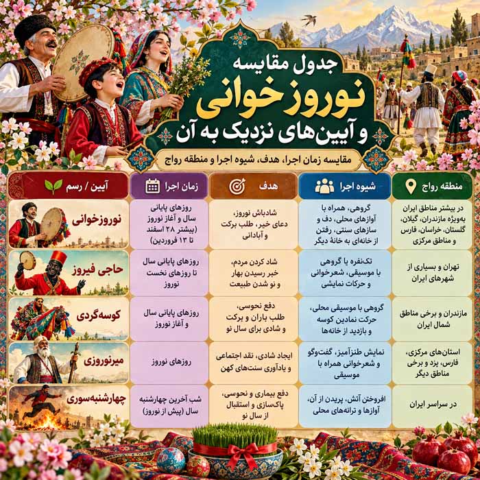 نوروزخوانی چیست؟؛ آیین استقبال از بهار در شمال ایران؛ آوازها، اشعار و رسم مژدگانی جدول مقایسه نوروزخوانی و آیینهای نزدیک به آن