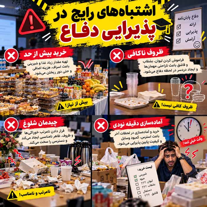 پذیرایی جلسه دفاع پایاننامه؛ انتخاب خوراکی و نوشیدنی مناسب؛ نکات مهم برای خرید و چیدمان اشتباههای رایج در پذیرایی دفاع