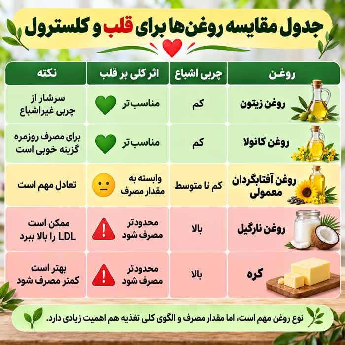 کدام روغن خوراکی برای قلب و کلسترول بهتر است؟؛ مقایسه چربی اشباع و غیراشباع؛ از زیتون و کانولا تا نارگیل جدول مقایسه روغنها برای قلب و کلسترول