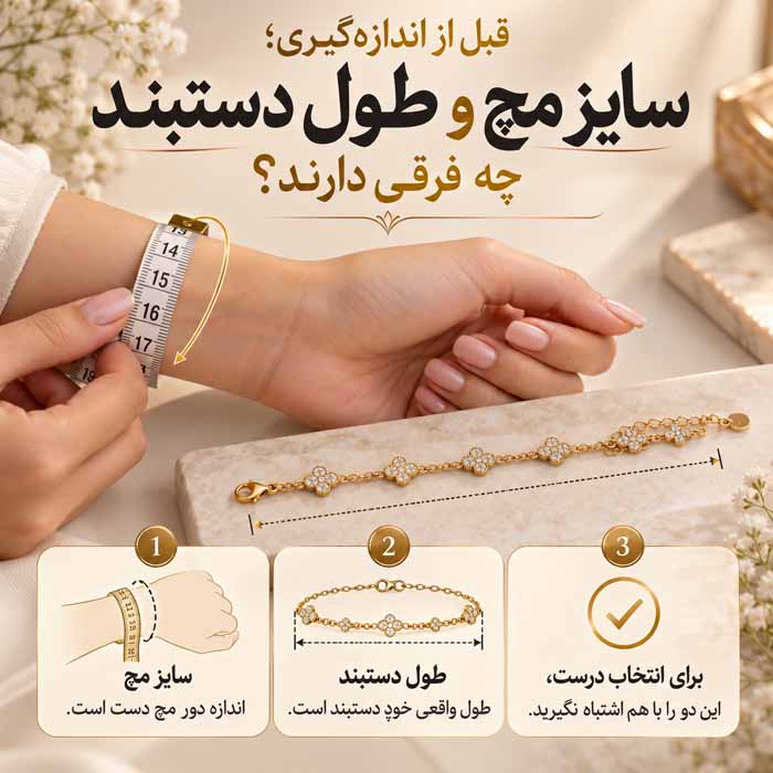 چگونه سایز دستبند را اندازه بگیریم؟؛ روش اندازهگیری دور مچ؛ انتخاب سایز مناسب برای انواع دستبند قبل از اندازهگیری؛ سایز مچ و طول دستبند چه فرقی دارند؟