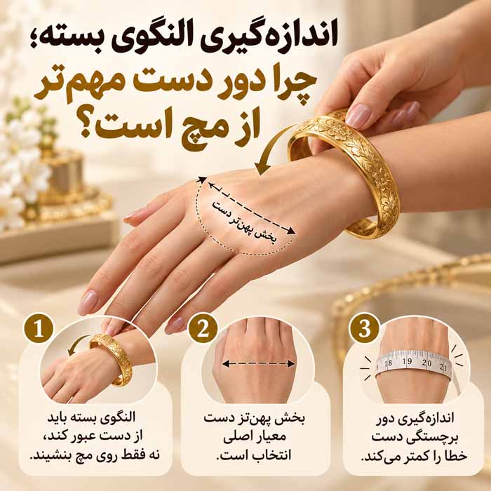 چگونه سایز دستبند را اندازه بگیریم؟؛ روش اندازهگیری دور مچ؛ انتخاب سایز مناسب برای انواع دستبند اندازهگیری النگوی بسته؛ چرا دور دست مهمتر از مچ است؟
