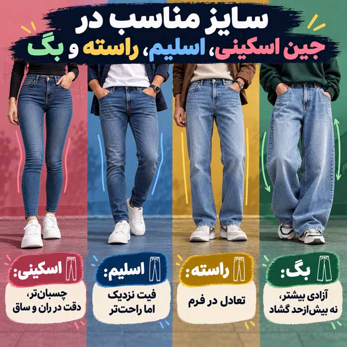 سایز مناسب در جین اسکینی، اسلیم، راسته و بگ
