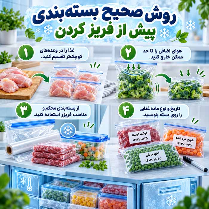 یخزدایی گوشت و مرغ؛ بهترین روشهای ایمن؛ مدت زمان لازم و اشتباهات خطرناک روش صحیح بستهبندی پیش از فریز کردن